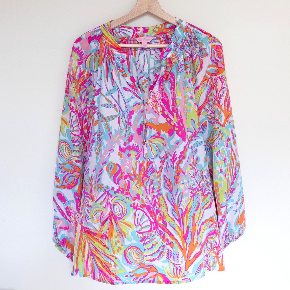 Lilly Pulitzer Elsa Top Pink Coral Silk Smocked Blouse Women Large